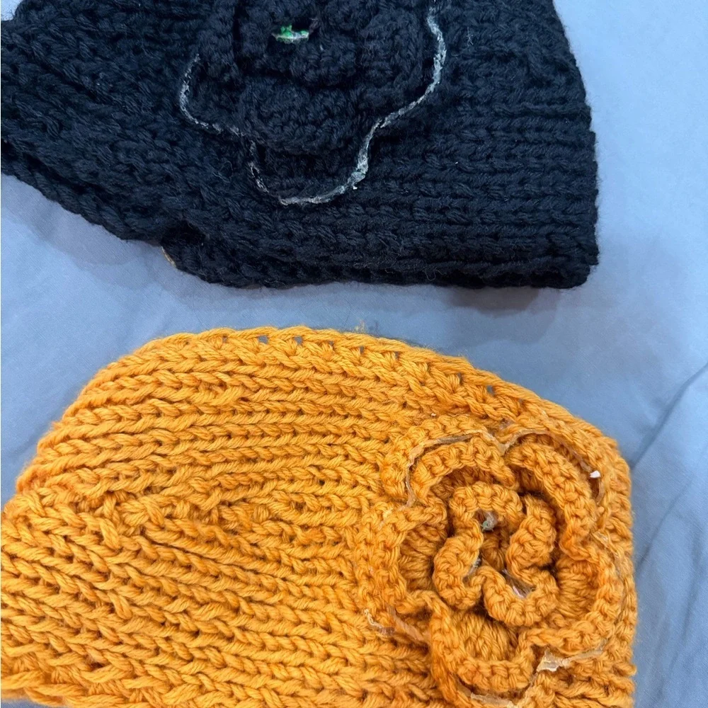 Black and Mustard Knit Headbands with Flower Detail